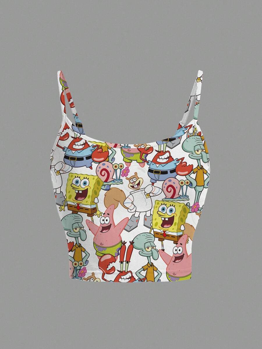SpongeBob SquarePants | SHEIN 女款卡通印花滿版細肩帶背心 - 白色 - 查看 1