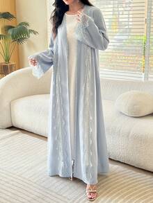 Al Najma Romantic Elegant Solid Color Flared Mesh Lace Decor Women's Abaya - Blue - View 5