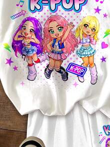 Kleine Mädchen Lässig Minimalistisch, K-Pop Superstars, Cartoon Mädchen Gruppe Druckmuster, Cremeweiß Kurzarm T-Shirt und Shorts 2-teiliges Set geeignet für den Sommer - Verschiedenfarbig - Übersicht 8
