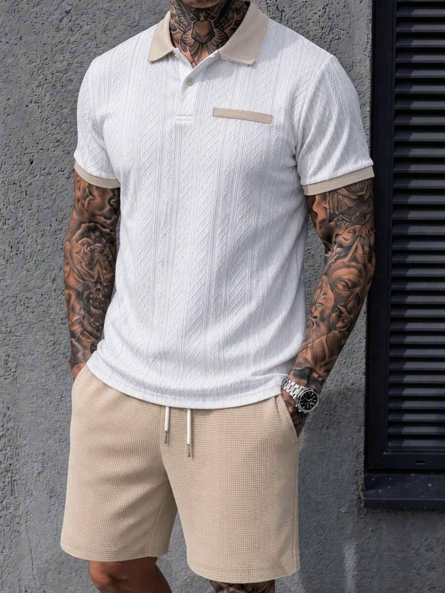 Manfinity CasualCool Setelan Kemeja Polo dan Celana Pendek Kasual Musim Panas Pria dengan Desain Blok Warna - MultiWarna - View 1