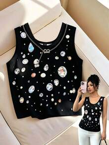 GlowEve Women's Summer 3D Printed Brick Pattern Black Camisole Everyday Casual Sexy Night Out - Black - View 1
