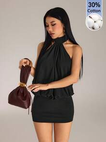 SHEIN PETITE 高領掛脖露背迷你洋裝，棉混紡舒適，適合嬌小女性 - 黑色 - 查看 8