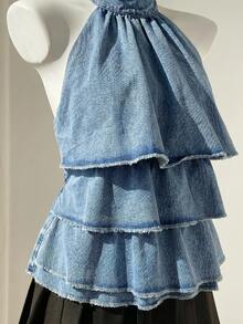 SHEIN Women's Denim Halter Neck Tiered Ruffle Backless Top - Blue - View 7