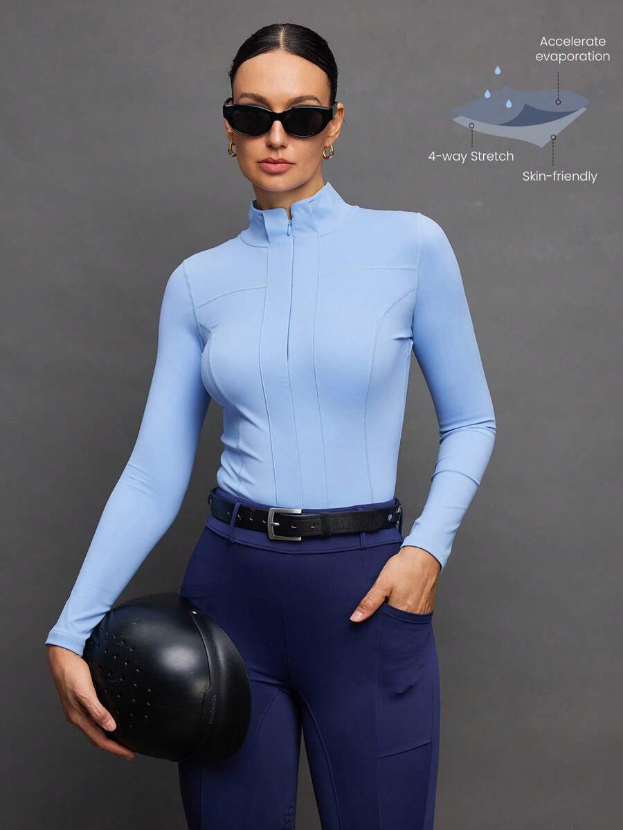 Activina Blusa de manga larga con cremallera parcial y unicolor para equitación - Celeste - Ver 1
