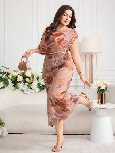 Modelyn Plus Size Summer Elegant Floral Print Asymmetrical Neckline Dress