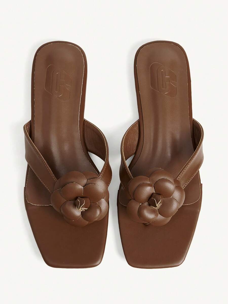 CUCCOO CHICEST Women Shoes Women's New Summer Square Toe Flat Bottom Brown Three-Dimensional Flower Fashion Elegant Women's Flat Sandals Slippers Daily Commute - Brown 13 # - View 1