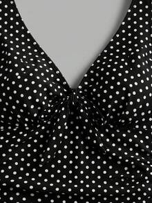 Sweetra Spring/Summer Beach Party Vacation 1920s Double Strap Ruched Black White Polka Dot Plus Size Women's Tank Top Bikini Set - Black and White - View 3