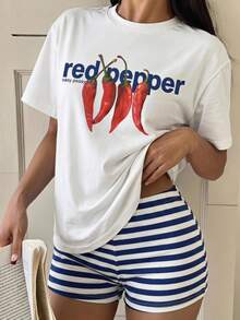 SHEIN EZwear 女款 T-Shirt 與短褲套裝，休閒極簡日常百搭派對聚會機場穿搭 Y2K 上衣，辣椒英文條紋印花圖案，女款夏季套裝，外出穿著 - 彩色 - 查看 7