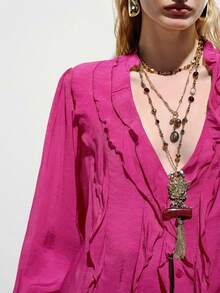 Aveloria Modichic Olive Green Pleated Women's Blouse, Lightweight Linen-Like Fabric, Layered Ruffle Design, Puff Sleeve, Vintage French Style, Loose Fit, Romantic Vacation, Ruffle Blouse, Statement Sleeve, Quiet Luxury, Romantic Core, Vintage Revival, Suitable For Commuting, Casual, Dating, Urban Street Style, Versatile For Multiple Occasions - Hot Pink - View 8