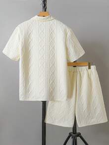 2 pièces/Set Chemise décontractée à texture géométrique pour garçons adolescents, tissu confortable, convient pour les déplacements quotidiens et les vacances - Beige - Voir 2