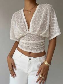 Aloruh White Polka Dot Deep V Ruched Short Sleeve Tight Fitted Women T-Shirt Birthday Summer Elegant - Apricot - View 3