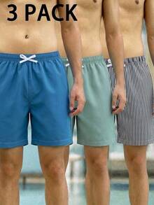 SHEIN (Acak 4 Pcs, Kirim 3 Pcs) Set Celana Renang/Celana Pantai Kasual Olahraga Nyaman Warna Polos Bergaris Longgar Tenun untuk Anak Laki-laki, 3 Potong - MultiWarna - View 4