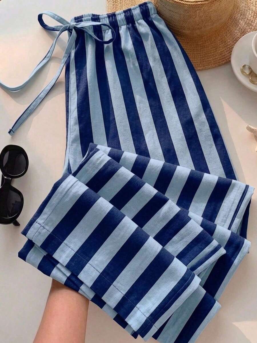 SHEIN EZwear 女款休閒繫腰直筒長褲,適合夏季穿著 - 彩色 - 查看 1