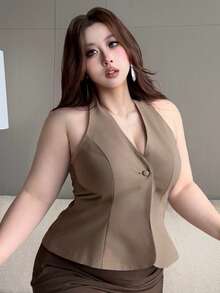 Dazy Plus Solid Color Halter Neck Backless Elegant Formal Summer Top Plus Size Women Spring/Summer Tank Top Going Out Tops - Khaki - View 8
