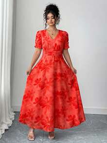 Elenzga Vestido midi de verano talla grande con estampado floral rojo, cuello en V, mangas fruncidas, cintura ceñida y detalle de lazo, manga corta, vestido elegante para vacaciones y uso casual, adecuado para vacaciones en la playa y regalo de despedida de soltera - Rojo - Ver 4