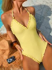 Swim Oasis 女童特製布料黃色蕾絲掛脖式連身泳衣 - 黃色 - 查看 6