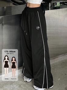 Livesso Tall 女款彈性腰側邊對比色織帶印花休閒寬鬆長褲 夏季 - 黑色 - 查看 1