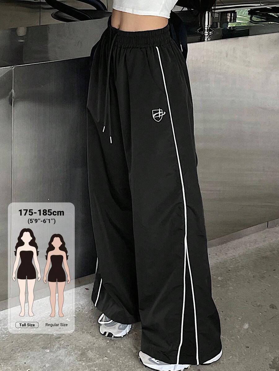 Livesso Tall 女款彈性腰側邊對比色織帶印花休閒寬鬆長褲 夏季 - 黑色 - 查看 1