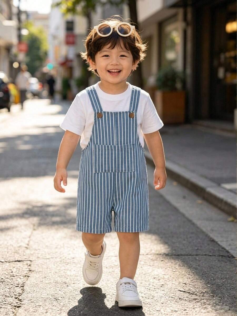 SHEIN 2件裝小男孩休閒條紋吊帶褲,適合夏季日常休閒穿著 - 藍色 - 查看 1