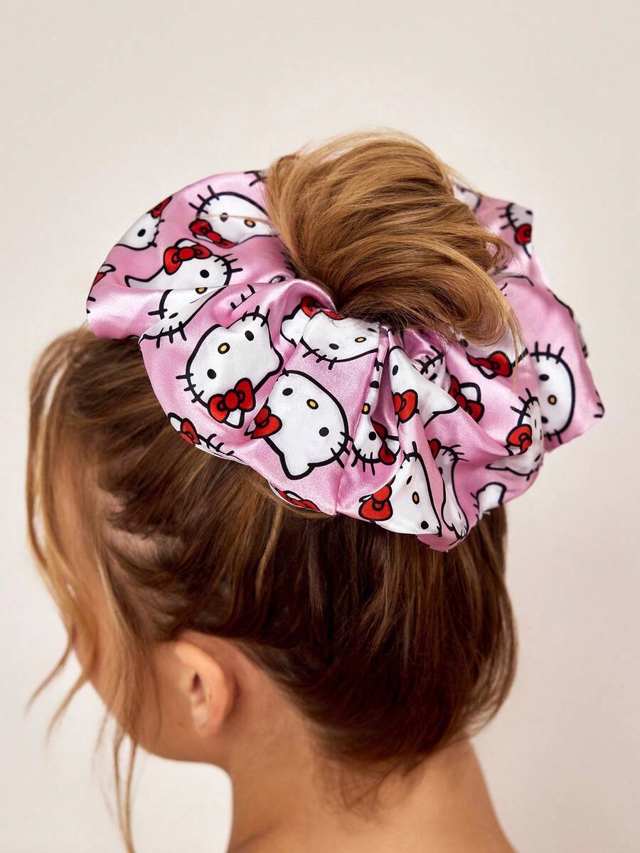 HELLO KITTY AND FRIENDS | SHEIN 單包裝可愛時尚亮面緞面柔軟大號大腸圈卡通印花髮圈,適合居家或外出使用,高馬尾 - 彩色 - 查看 1