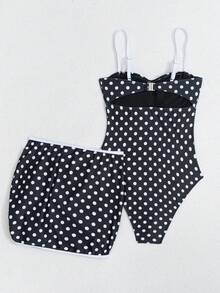 SHEIN Swim 春夏時尚性感可調式可拆卸肩帶加墊黑白拼接連身泳衣上衣與短裙套裝 女款 - 黑與白 - 查看 2