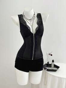 Elamini Blusa estiva sexy da donna con patchwork in pizzo e senza maniche - nero - Visualizzare 3