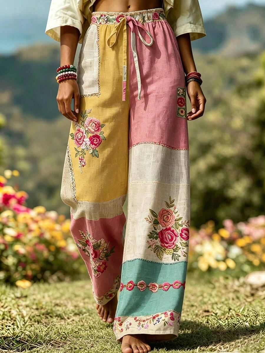 Selamara Plus Size Women's Lace-Up Waist Floral Print Casual Versatile Everyday Pants Fall - Multicolor - View 1