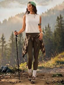 Exploreva Women's Casual Modest And Fitness Tight Leggings,Provides Lateral Movement, Leg Protection And Support Side Pocket Hiking Olive Green Trail Run Outfit - Green - View 7