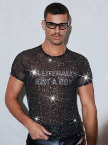 FeverCity Men's Sexy Shiny Sheer Rhinestone Decor T-Shirt - Black - View 4