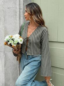 SHEIN Clasi Women's Solid Color Three-Dimensional Embroidery Front Tie Casual Boho Autumn Shirt Vacation Grey - Green - View 1