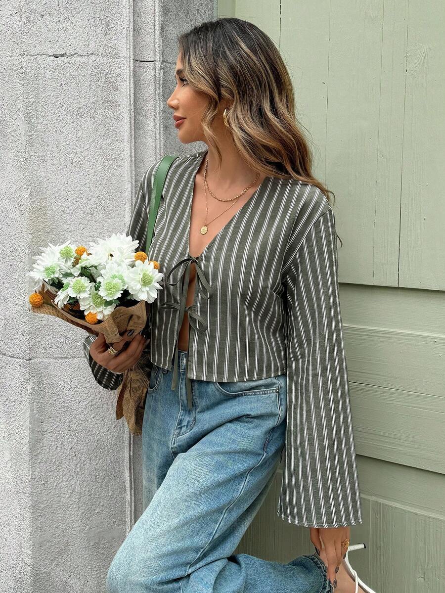 SHEIN Clasi Women's Solid Color Three-Dimensional Embroidery Front Tie Casual Boho Autumn Shirt Vacation Grey - Green - View 1