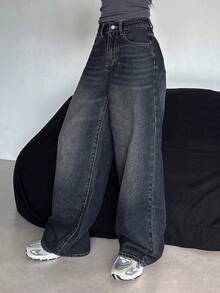 Livesso Petite 女款口袋鈕扣休閒街頭風百搭日常旅行寬腿牛仔褲，小個子外出夜生活深色水洗夏季款 - 藍色 - 查看 6