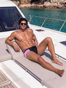 Manfinity Swimmode 2026新款男士拼色抽繩沙灘健身度假泳池派對三角泳褲 黑色 夏季性感 度假款 - 彩色 - 查看 5