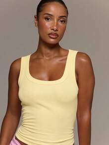 MUSERA ESSENTIALS Ribbed Scoop Neck Fitted Tank Vest Top Cute Everyday Basics Sexy Daily Spring Summer Essential - Yellow - View 2