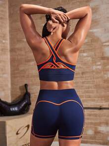 Powerista Conjunto de sujetador deportivo sin costuras azul marino & naranja con costuras de contraste + shorts deportivos ajustados para mujer - Azul Marino - Ver 8