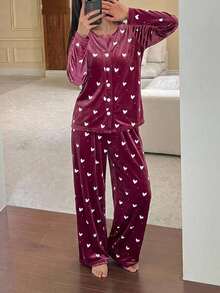 DAZY Autumn Winter Heart Pattern Print Velvet Long Sleeve Cardigan 2pcs Women's Pajama Set - Dusty Pink - View 4