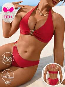 Swim DD+ 女款夏季海灘純色掛脖綁帶性感時尚比基尼兩件式泳衣套裝 - 紅色 - 查看 1