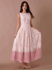 Enchnt Women's Contrast Color Button Half-Placket Embroidered Sleeveless Elegant Long Dress - Pink - View 3