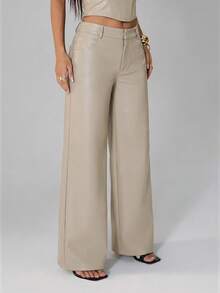 SHEIN PETITE Women's Solid Color PU Leather Pocket Wide Leg Loose Pants Night Party Beige Autumn Sexy - Apricot - View 6