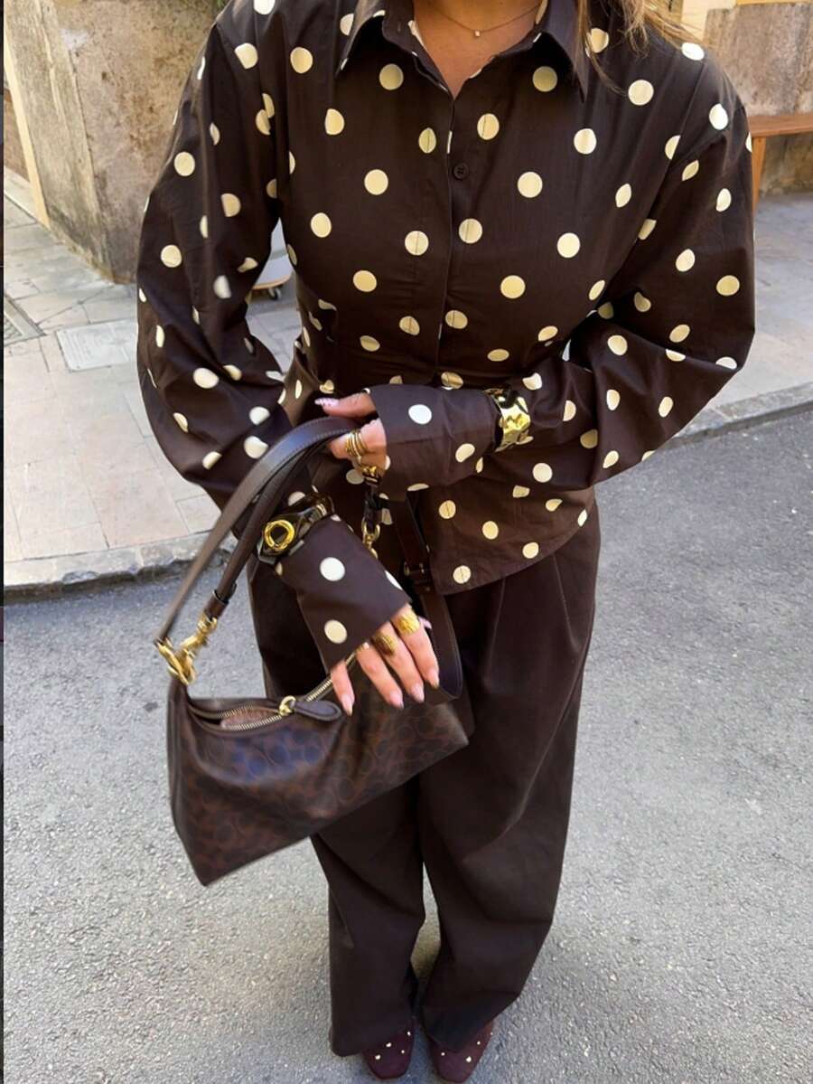 Siren Gaze Spring/Autumn New Brown Polka Dot Waist-Cinching Long Sleeve Blouse For Women - Brown - View 1