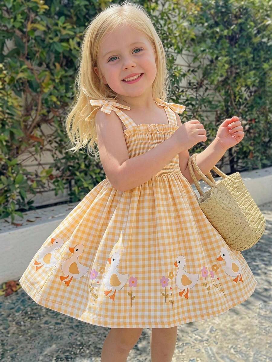 SHEIN Playful Pals 2pc Tots Baby Kid Girl Cute Chic Yellow Check Duck Bow Strap Soft Thin A-Line Dress Hat Set Sun Beach Party Cool Spring New Fun Fit Us Joy Age Cut Buy - Yellow - View 1