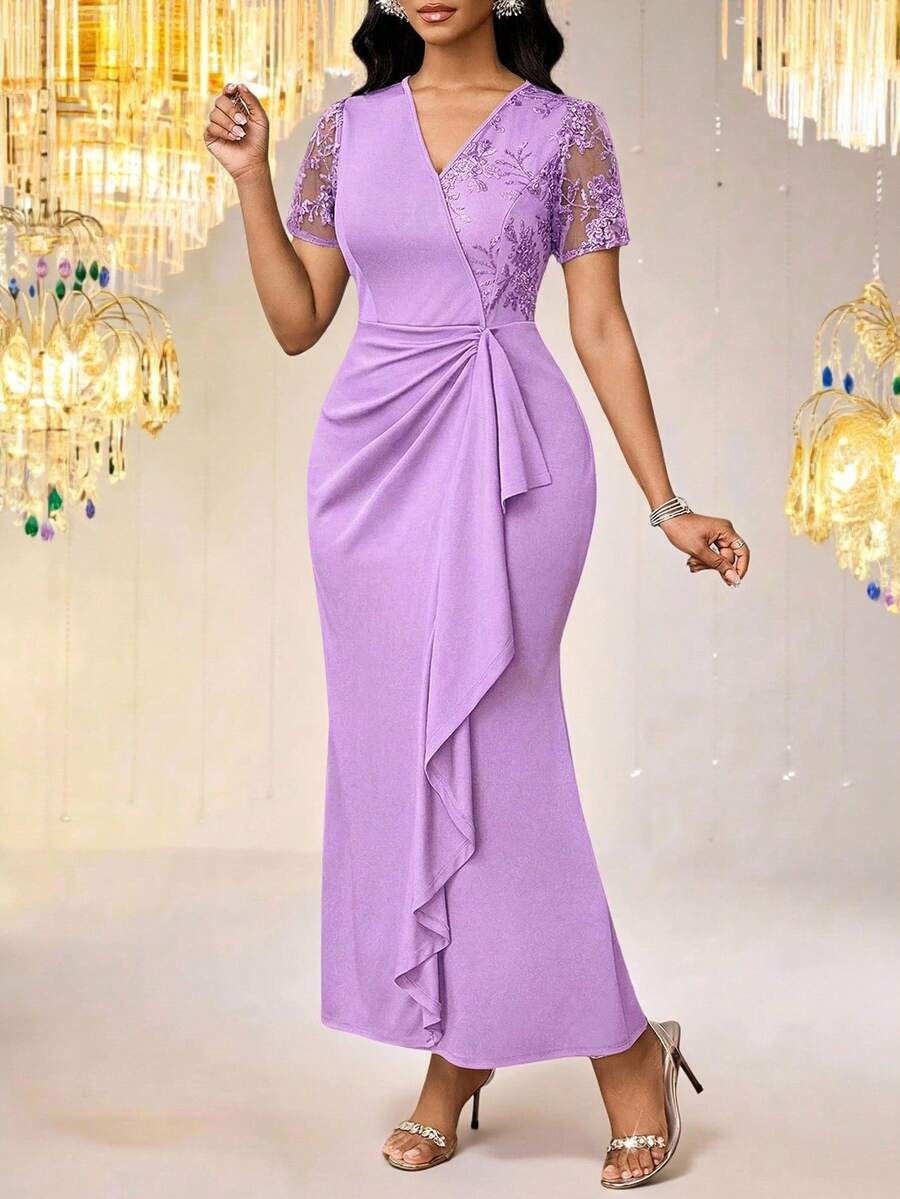 SHEIN Lady Vestido de mujer con bordado, parches de malla y volantes en el bajo, color lavanda - Púrpura malva - Ver 1