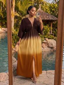 SHEIN Lady CURVE Plus Size Women's Colorblock Batwing Sleeve Split Hem Loose Dress Fall - Brown - View 3
