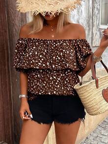 Breezaya Plus Size Women's Floral Ruffle Ruffle Blouse For Vacation Brunch Brown Summer Bohemian - Coffee Brown - View 4