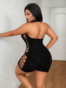 Maweii Women's Plus Size Solid Color Halter Neck Cutout Sexy Romper - Black - View 3