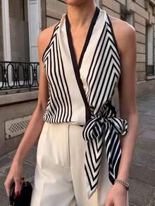 Pariaura Lazy High-End Elegant Printed Halter Neck Tank Top Women's Summer Design Tie-Up Minimalist Sexy Elegant Shirt - Apricot - View 3