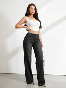 SHEIN Tall 女款高腰深藍色寬腿牛仔褲 磨損腰部休閒夏季度假穿搭 女款休閒水洗直筒牛仔褲 - 黑色 - 查看 7