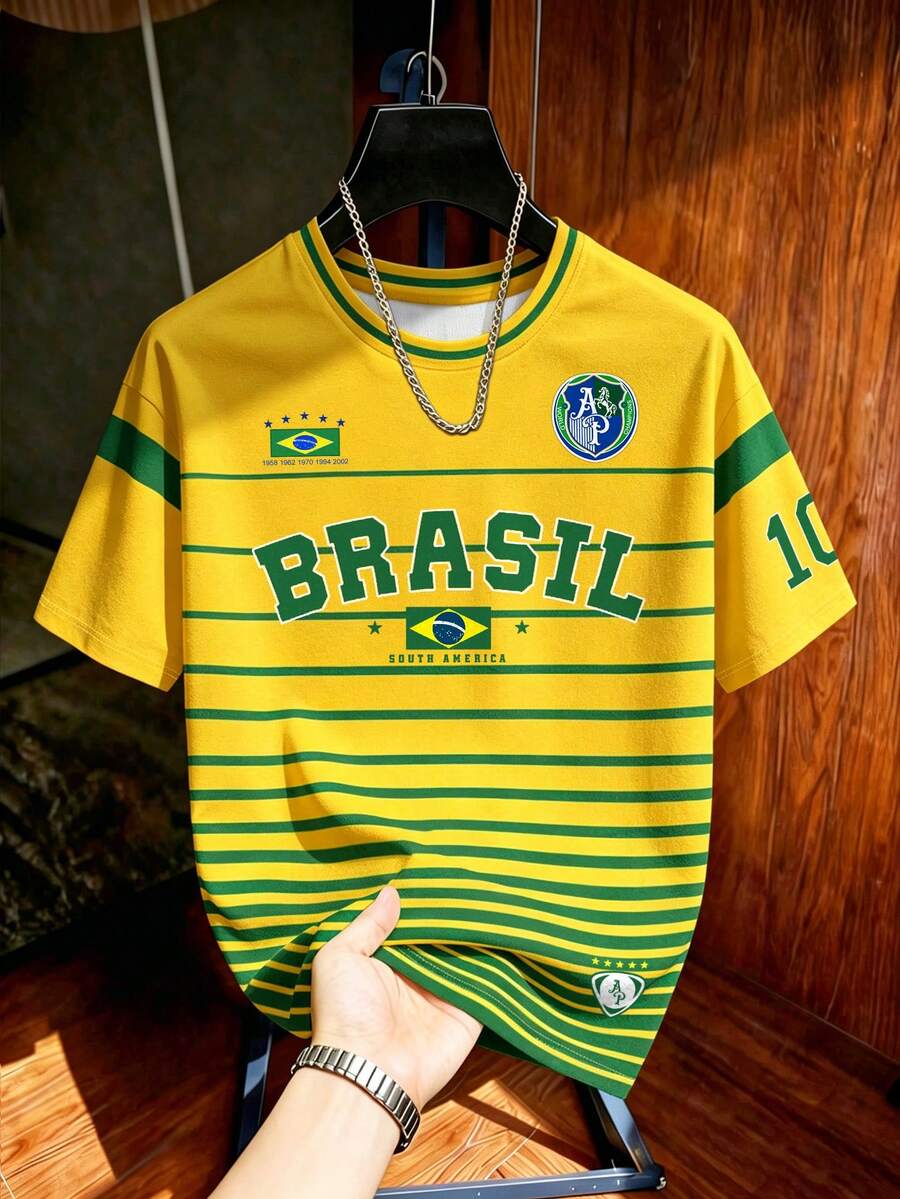 Manfinity Campus Court 復西隊風格黃綠橫條紋拼色印花足球短袖上衣,美國 BRASIL #10 印花圓領 T 恤,男女款圖案 T 恤,男士時尚休閒運動球衣,足球用品 - 彩色 - 查看 1