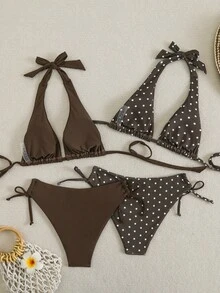 Swim Vcay Set Bikini Wanita Motif Cokelat dan Polkadot - Coffee Brown - View 2