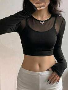 DAZY Women's Sheer Mesh Patchwork Cropped Jacket - Black - View 8